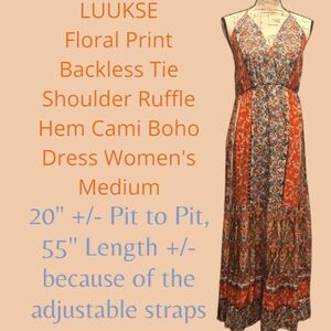LUUKSE Floral Print Backless Tie Shoulder Ruffle Maxi Boho Dress Medium Nwot